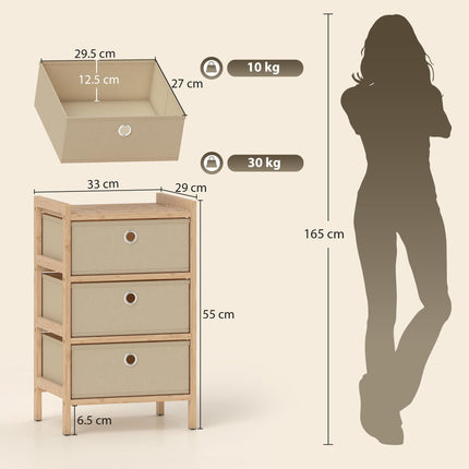 Chest of Drawers, 3 Fabric Drawers Narrow Dresser with Bamboo Frame, Cream White