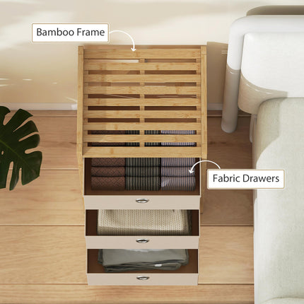 Chest of Drawers, 3 Fabric Drawers Narrow Dresser with Bamboo Frame, Cream White