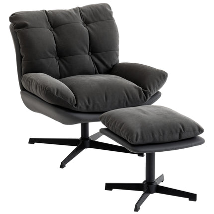 Accent Chair with Footstool, Swivel Lounge Chair with Chenille Upholstery, Metal Base, Dark Grey