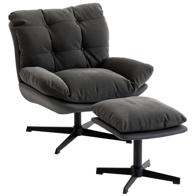 Accent Chair with Footstool, Swivel Lounge Chair with Chenille Upholstery, Metal Base, Dark Grey