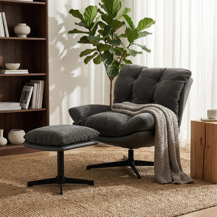Accent Chair with Footstool, Swivel Lounge Chair with Chenille Upholstery, Metal Base, Dark Grey