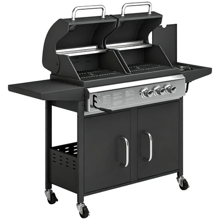 2+1 Burner Hybrid Dual Fuel BBQ Gas Grill, 2-in-1 Propane & Charcoal Barbecue Grill Smoker Combo with Wheels, Black