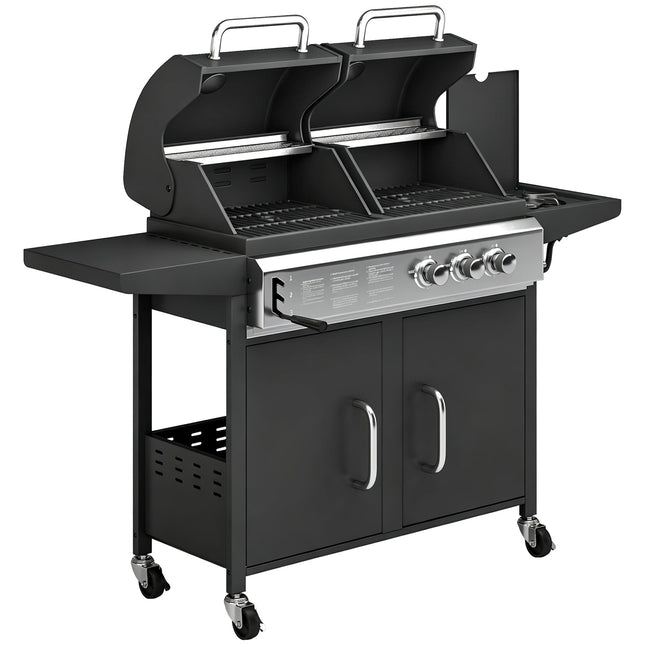2+1 Burner Hybrid Dual Fuel BBQ Gas Grill, 2-in-1 Propane & Charcoal Barbecue Grill Smoker Combo with Wheels, Black
