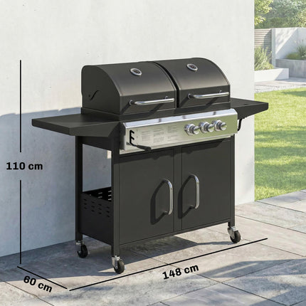 2+1 Burner Hybrid Dual Fuel BBQ Gas Grill, 2-in-1 Propane & Charcoal Barbecue Grill Smoker Combo with Wheels, Black