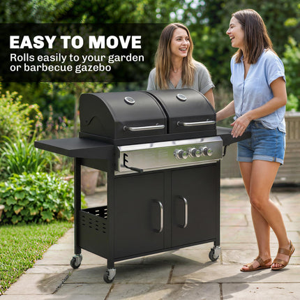 2+1 Burner Hybrid Dual Fuel BBQ Gas Grill, 2-in-1 Propane & Charcoal Barbecue Grill Smoker Combo with Wheels, Black
