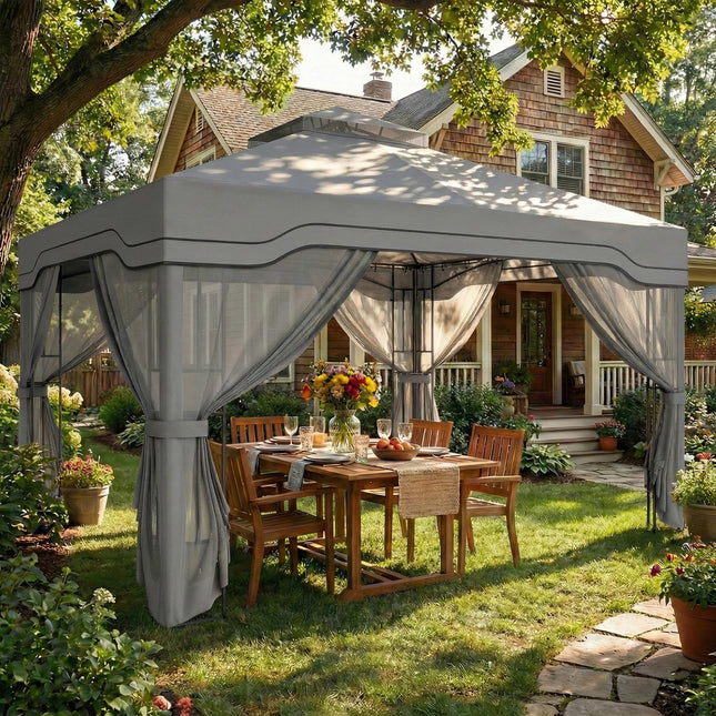 3 x 3.6 m Outdoor Garden Gazebo with Post Shelves, UPF50+ Patio Permanent Pavilion with Hook, Dark Grey