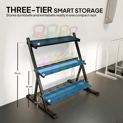 3-Tier Adjustable Dumbbell Rack, Heavy-Duty Weight Rack for Dumbbells, Kettlebells and Multiple Balls, Space-Saving Weight Storage Stand for Home Gym, 200 KG Capacity