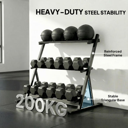 3-Tier Adjustable Dumbbell Rack, Heavy-Duty Weight Rack for Dumbbells, Kettlebells and Multiple Balls, Space-Saving Weight Storage Stand for Home Gym, 200 KG Capacity