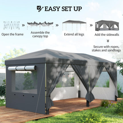 3 x 6 m Pop Up Canopy with UV50+ Protection Garden Gazebo with 6 Sidewalls, Dark