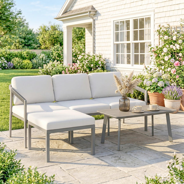 3 Piece Garden Dining Set, Outdoor Patio Furniture with 3 Seater Sofa, Footstool, Coffee Table and Cuhsions