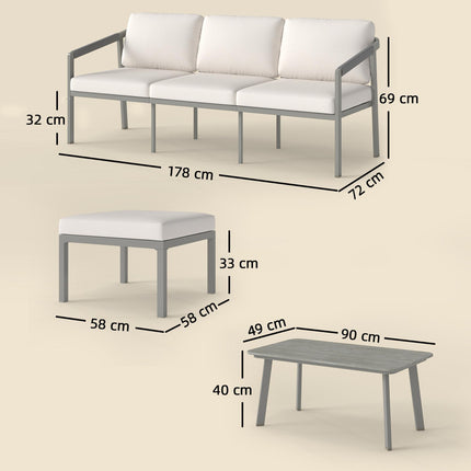 3 Piece Garden Dining Set, Outdoor Patio Furniture with 3 Seater Sofa, Footstool, Coffee Table and Cuhsions