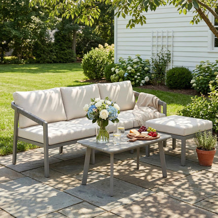 3 Piece Garden Dining Set, Outdoor Patio Furniture with 3 Seater Sofa, Footstool, Coffee Table and Cuhsions