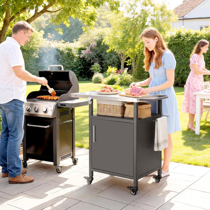 Grill Cart with Stainless Steel Top, Pizza Oven Stand with Cabinet, Spice Rack,