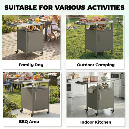 Grill Cart with Stainless Steel Top, Pizza Oven Stand with Cabinet, Spice Rack,
