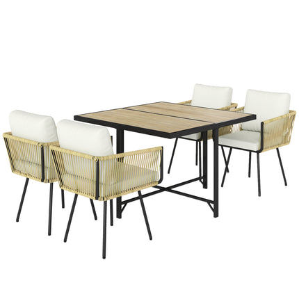 5 Piece Garden Furniture Set, Garden Dining Set with Wood-Plastic Table and 4 Armchairs, Beige