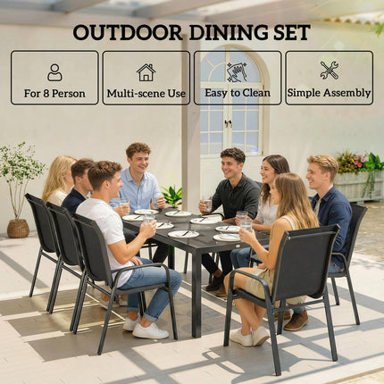 9 Pieces Garden Dining Set, Outdoor Table and Chairs Set for 8, Garden Furniture Set with Tempered Glass Top, Black