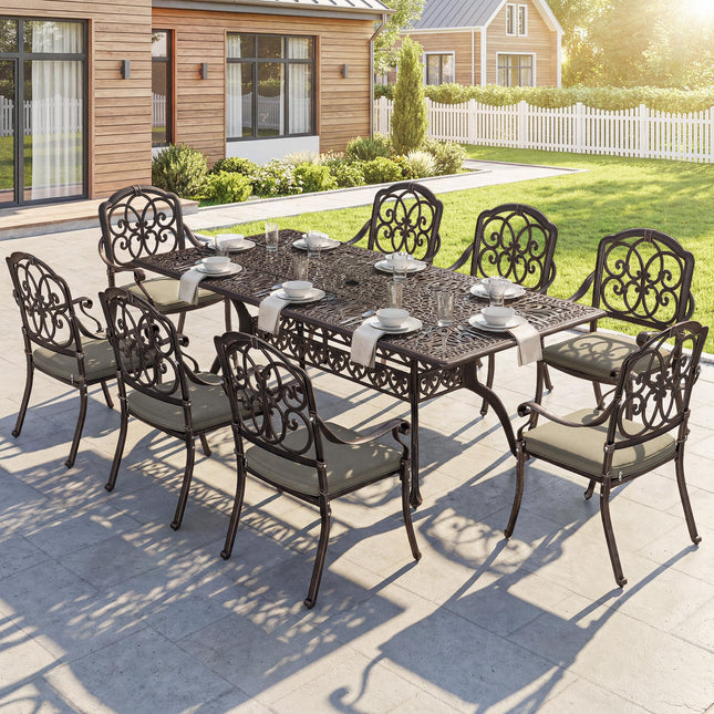 9 Piece Cast Aluminium Garden Dining Set, Garden Table and Chairs Set with Cushions, Parasol Hole for Patio, Bronze Tone