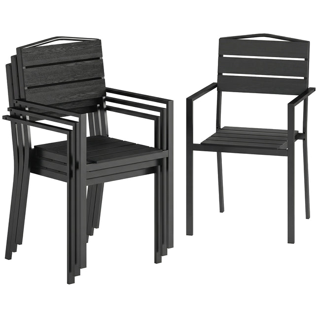 Stackable Garden Chairs Set of 4, Garden Dining Chairs with Slatted HDPE Seat Back, Armrests, Metal Frame, Black
