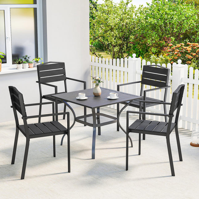 Stackable Garden Chairs Set of 4, Garden Dining Chairs with Slatted HDPE Seat Back, Armrests, Metal Frame, Black