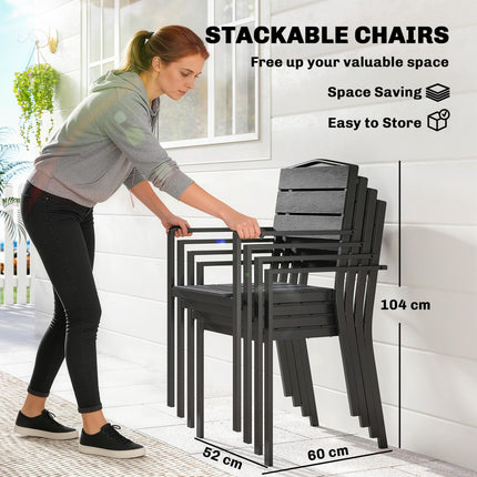 Stackable Garden Chairs Set of 4, Garden Dining Chairs with Slatted HDPE Seat Back, Armrests, Metal Frame, Black