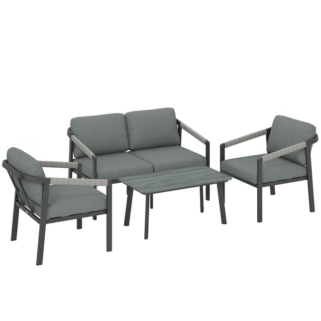 Aluminium Garden Furniture Set, 4 Seater Outdoor Patio Furniture with Loveseat, 2 Armchairs, Slatted Table