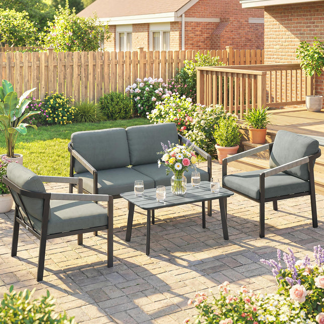 Aluminium Garden Furniture Set, 4 Seater Outdoor Patio Furniture with Loveseat, 2 Armchairs, Slatted Table