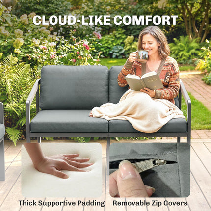 Aluminium Garden Furniture Set, 4 Seater Outdoor Patio Furniture with Loveseat, 2 Armchairs, Slatted Table