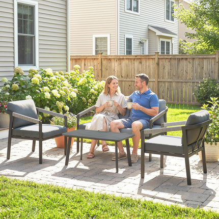 Aluminium Garden Furniture Set, 4 Seater Outdoor Patio Furniture with Loveseat, 2 Armchairs, Slatted Table