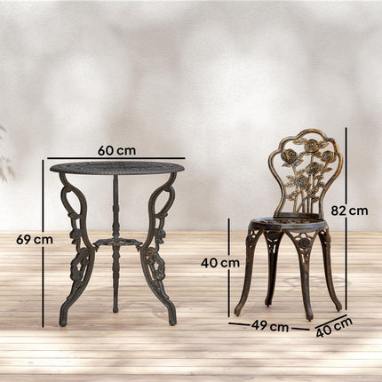 Outdoor Bistro Set Vintage Rose Design Patio Furniture Set with Round Table and 2 Chairs Metallic Finish