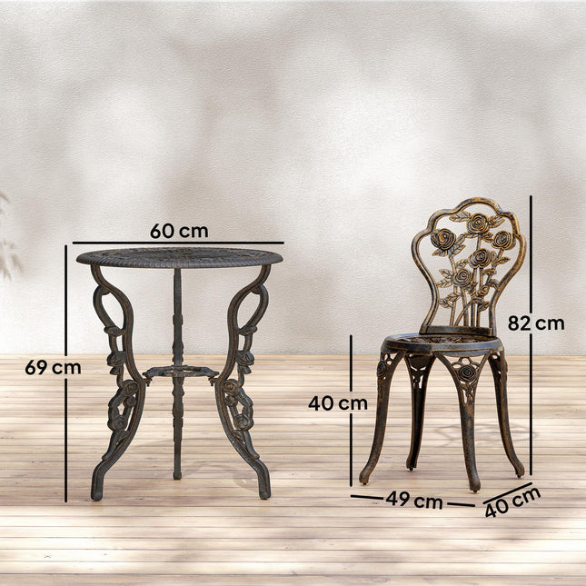 Outdoor Bistro Set Vintage Rose Design Patio Furniture Set with Round Table and 2 Chairs Metallic Finish