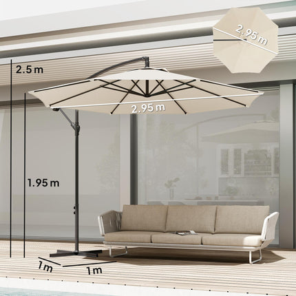 3 m Overhanging Cantilever Parasol, with Cross Base - Cream White