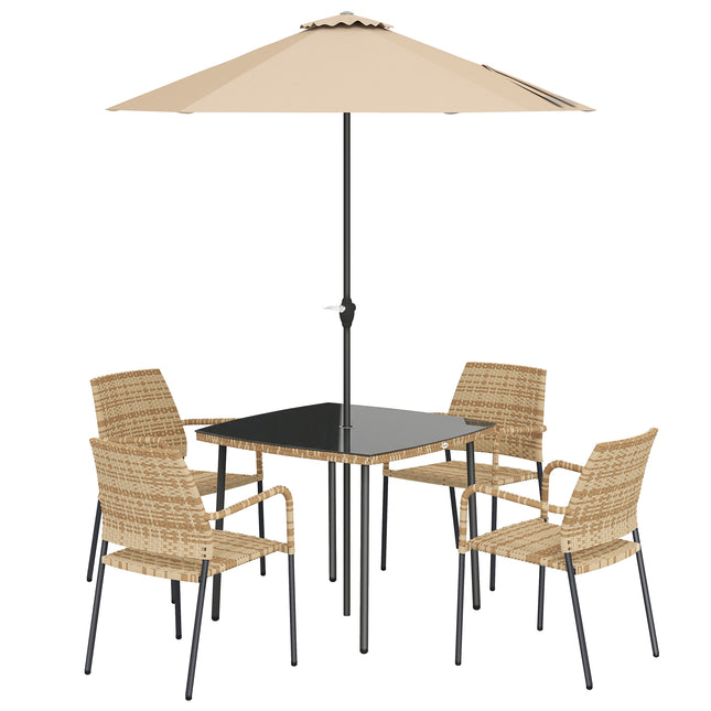 4 Seater Rattan Dining Set with Parasol, 6 Piece Garden Table and Stackable Chairs with Tempered Glass Tabletop