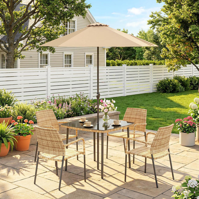 4 Seater Rattan Dining Set with Parasol, 6 Piece Garden Table and Stackable Chairs with Tempered Glass Tabletop
