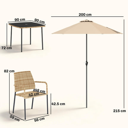 4 Seater Rattan Dining Set with Parasol, 6 Piece Garden Table and Stackable Chairs with Tempered Glass Tabletop