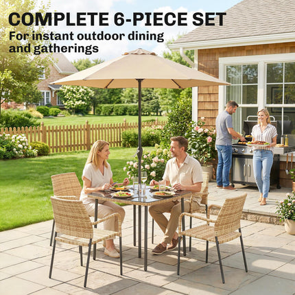 4 Seater Rattan Dining Set with Parasol, 6 Piece Garden Table and Stackable Chairs with Tempered Glass Tabletop