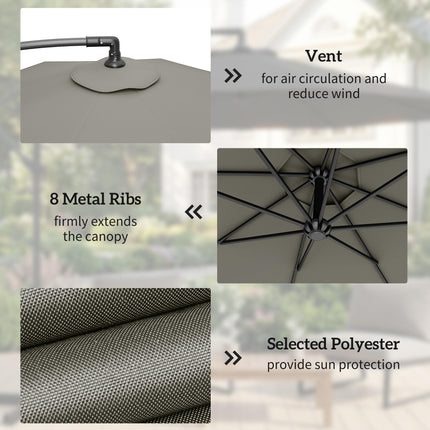 3m Overhanging Cantilever Parasol, with Cross Base - Light Grey