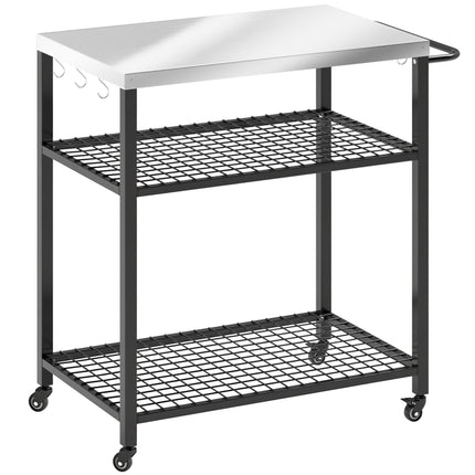Outdoor Grill Cart with Stainless Steel Tabletop, 3-Tier Pizza Oven Stand with 2 Shelves, 6 Hooks, Wheels, Black