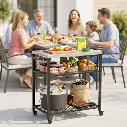 Outdoor Grill Cart with Stainless Steel Tabletop, 3-Tier Pizza Oven Stand with 2 Shelves, 6 Hooks, Wheels, Black