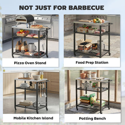 Outdoor Grill Cart with Stainless Steel Tabletop, 3-Tier Pizza Oven Stand with 2 Shelves, 6 Hooks, Wheels, Black