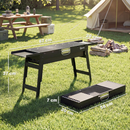 Portable BBQ Grill, Foldable Charcoal Grill for Camping and Picnics with 2 Side Shelves and Handle, Black