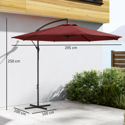 3 m Overhanging Cantilever Parasol, with Cross Base - Wine Red