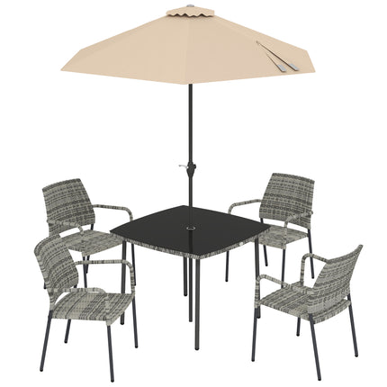 4 Seater Rattan Dining Set with Parasol, 6 Piece Garden Table and Stackable Chai