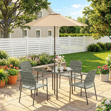 4 Seater Rattan Dining Set with Parasol, 6 Piece Garden Table and Stackable Chai