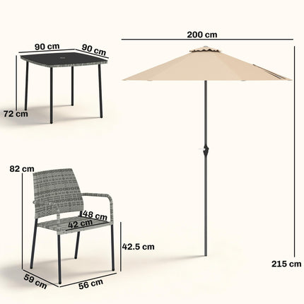 4 Seater Rattan Dining Set with Parasol, 6 Piece Garden Table and Stackable Chai