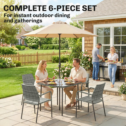 4 Seater Rattan Dining Set with Parasol, 6 Piece Garden Table and Stackable Chai