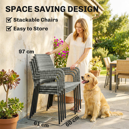 4 Seater Rattan Dining Set with Parasol, 6 Piece Garden Table and Stackable Chai