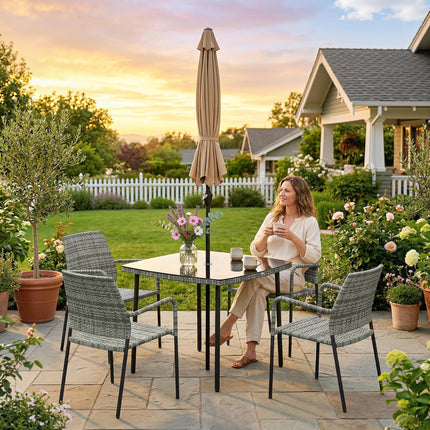 4 Seater Rattan Dining Set with Parasol, 6 Piece Garden Table and Stackable Chai