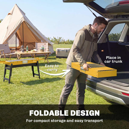 Portable BBQ Grill, Foldable Charcoal Grill for Camping and Picnics with 2 Side Shelves and Handle, Yellow