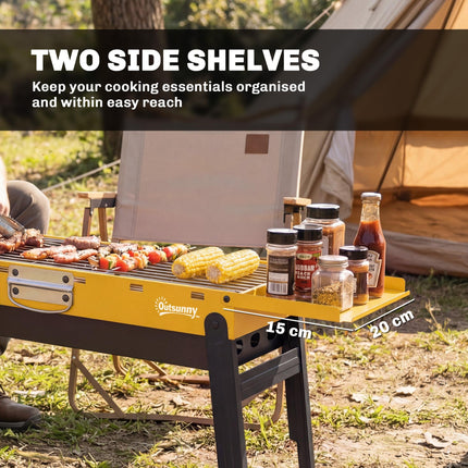 Portable BBQ Grill, Foldable Charcoal Grill for Camping and Picnics with 2 Side Shelves and Handle, Yellow