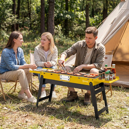 Portable BBQ Grill, Foldable Charcoal Grill for Camping and Picnics with 2 Side Shelves and Handle, Yellow